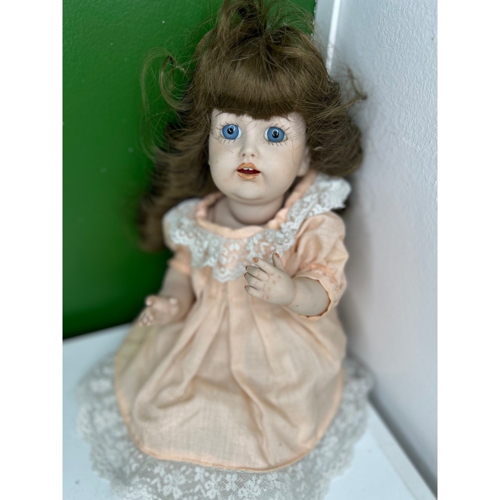 Vintage Porcelain Doll Blue Eyes Brown Curls Peach Lace Dress Collectible